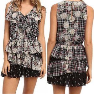 Sam Edelman Dark Academia Floral Print Plaid Ruffle Dress Size M